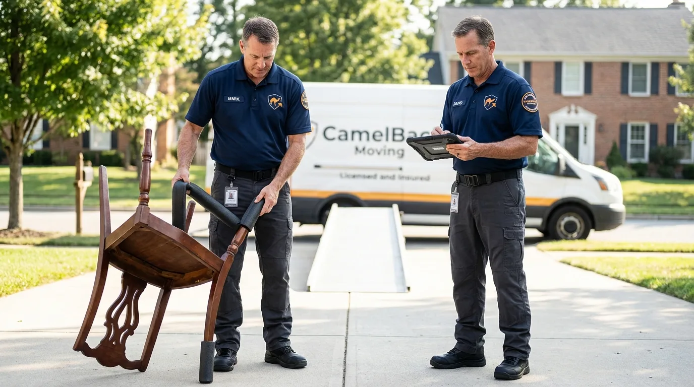 Movers inspecting furniture for damage prevention before loading in Lone Tree, IA