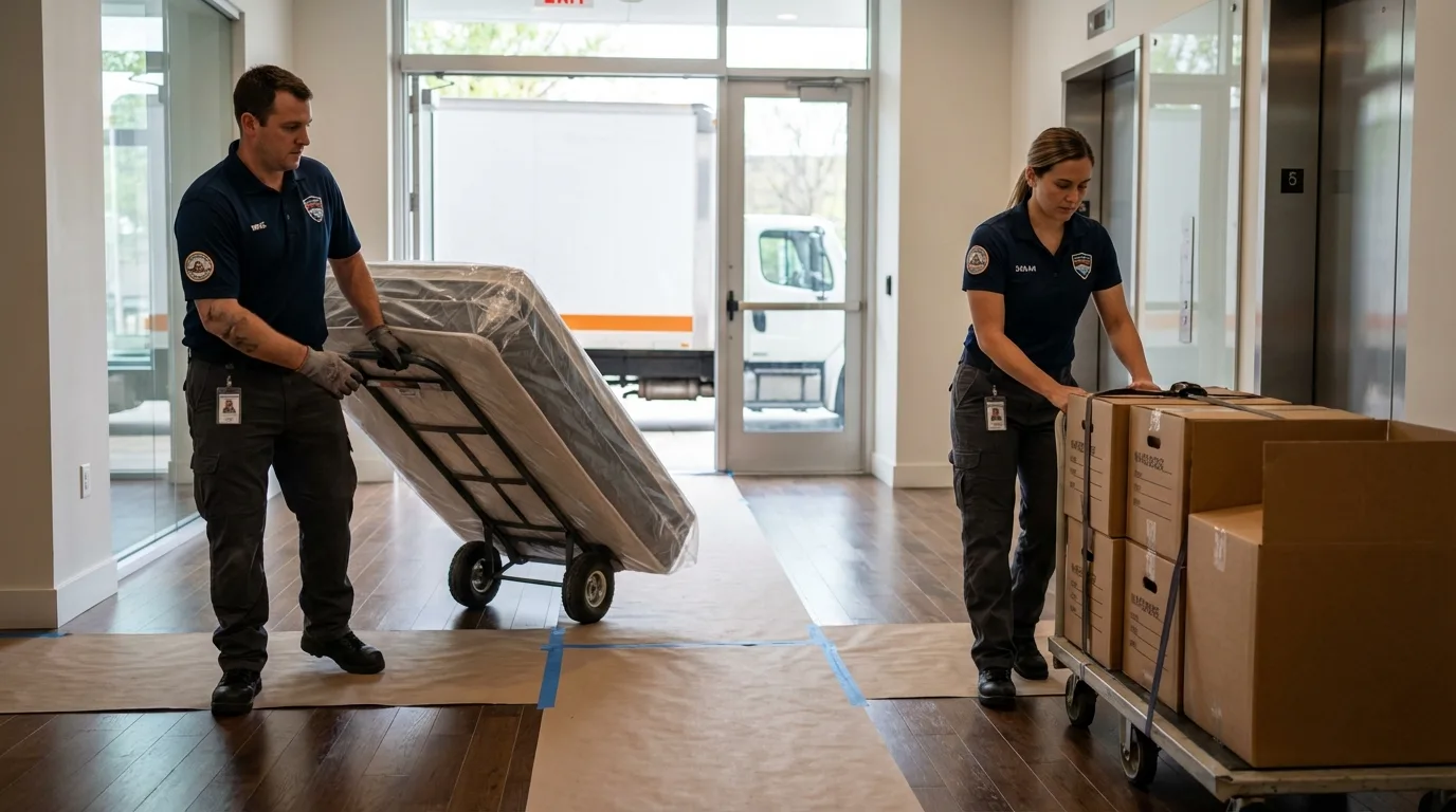 Professional apartment movers loading elevator in Lone Tree, IA